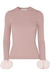 VALENTINO SILK GEORGETTE-TRIMMED RIBBED STRETCH-KNIT SWEATER