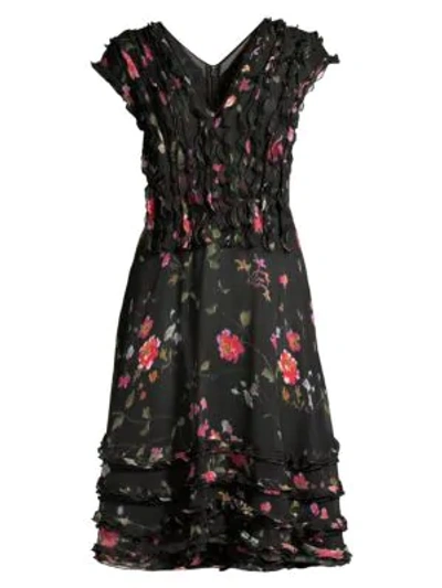 Jason Wu Collection Floral Vine Silk Chiffon Day Dress In Black Multi