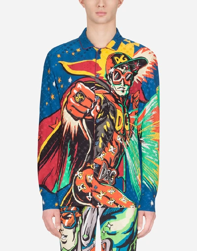 Dolce & Gabbana Silk Pajama Shirt With Superhero King Print In Multi-colored