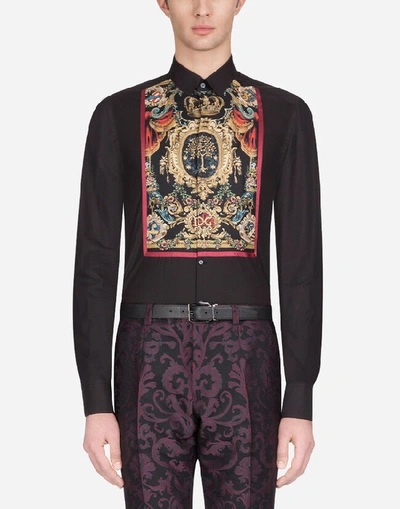 Dolce & Gabbana Cotton Gold-fit Shirt With Printed Placket In Black