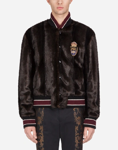 Dolce & Gabbana Faux Fur Jacket With Patch In Brown
