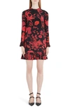 Valentino Ruffled Floral-print Silk Crepe De Chine Midi Dress In 0nr-black/ Red