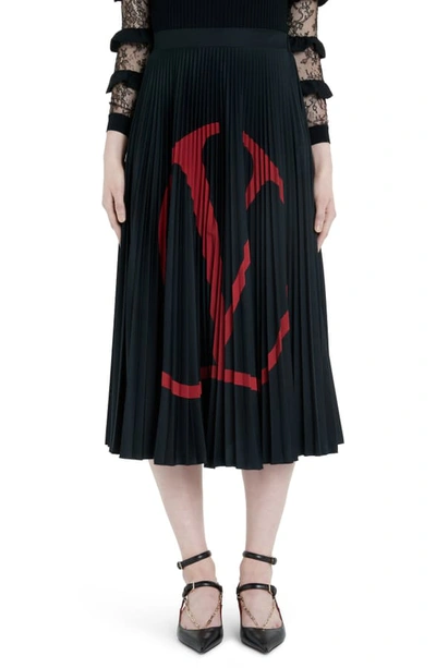 Valentino Vlogo Pleated Jersey Midi Skirt In 43k-black/ Red