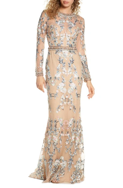 Mac Duggal Long-sleeve Floral Lace Jewel-neck Gown In Nude Multi