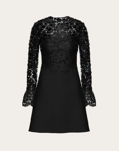 Valentino Flare-sleeve Heavy Lace Sequined Dress In Black