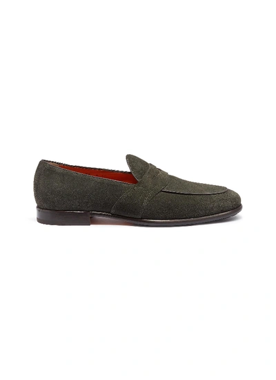 Santoni Suede Penny Loafers In Olive Green