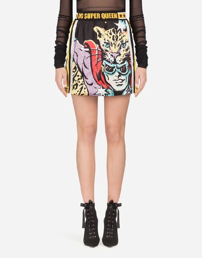 Dolce & Gabbana Short Satin Skirt With Super Heroine Print In Multi-colored