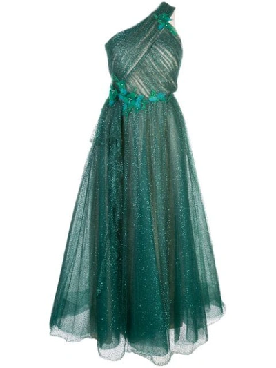 Marchesa Notte One-shoulder Glittery Tulle Midi Gown W/ Beaded Floral Appliques In Green