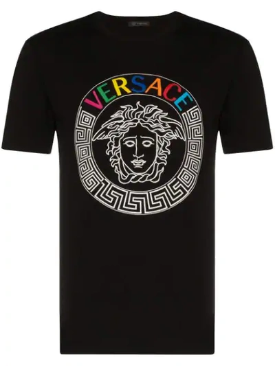 Versace Embroidered Logo Medusa T-shirt In Black