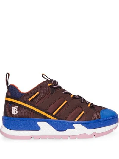 Burberry Nylon And Mesh Union Sneakers In Coffee / Blue