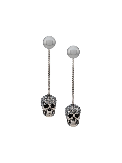 Alexander Mcqueen Skull Embellished Drop Earrings In Silver