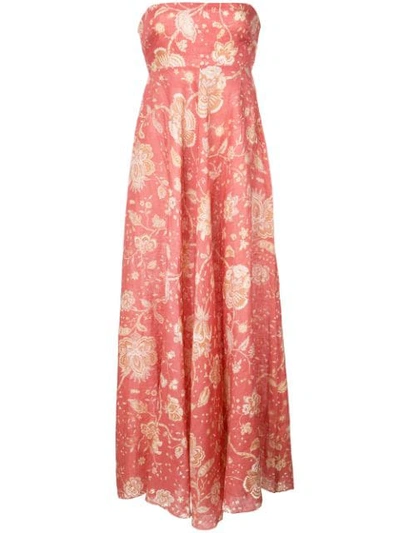 Zimmermann Veneto Strapless Shirred Floral-print Linen Midi Dress In Coral