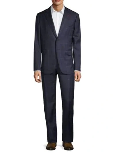 Isaia Slim-fit Windowpane Wool Suit In Dark Blue