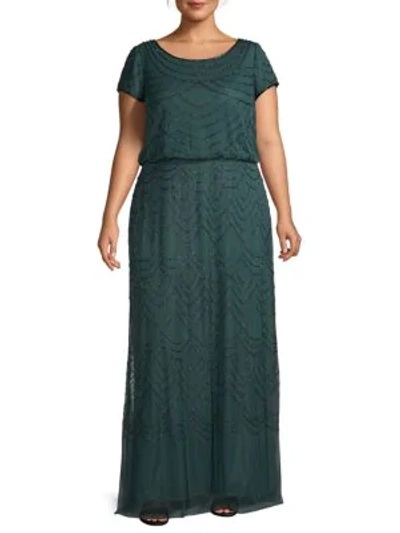 Adrianna Papell Plus Blouson Beaded Gown In Dusty Emerald
