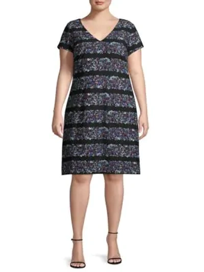 Adrianna Papell Plus Floral Stripe Shift Dress In Blue Multi
