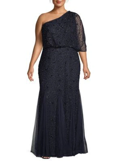 Adrianna Papell Plus Beaded One-shoulder Mermaid Gown In Midnight Blue