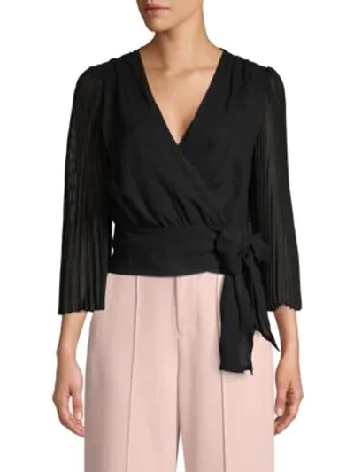 Alice And Olivia Bray Pleated-sleeve Wrap Top In Black