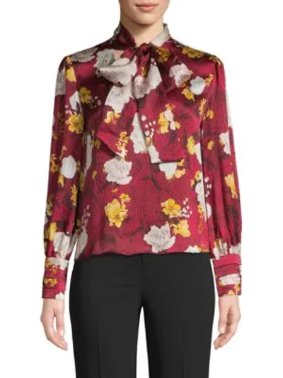 Alice And Olivia Crogran Floral Silk Tie Blouse In Red