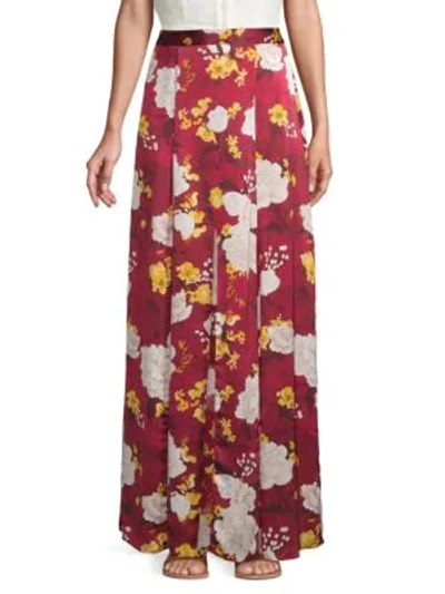 Alice And Olivia Athena Floral-print Hammered Silk-satin Maxi Skirt In Burgundy