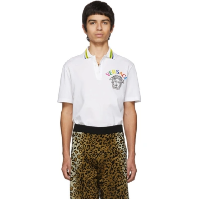 Versace Medusa Embroidery Detailed Cotton Polo Shirt In A001 White