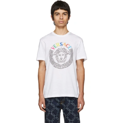 Versace Multicolored Embroidered Logo T-shirt In White