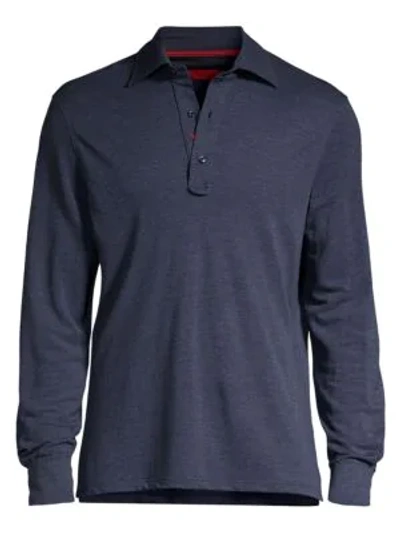 Isaia Solid Cashmere & Silk Pique Long-sleeve Polo In Navy