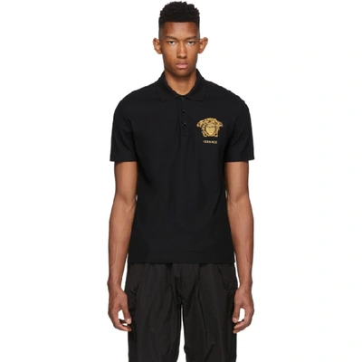 Versace Medusa Embroidered Polo Shirt In Black