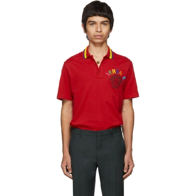 Versace Medusa Embroidery Cotton Polo Shirt In Red