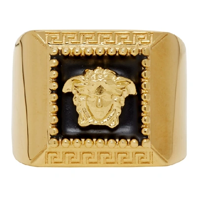 Versace Enameled Squared Medusa Ring In Gold