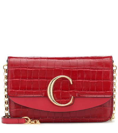 Chloé C Croc-embossed Leather Shoulder Bag In Dusky Red / Croc-embossed