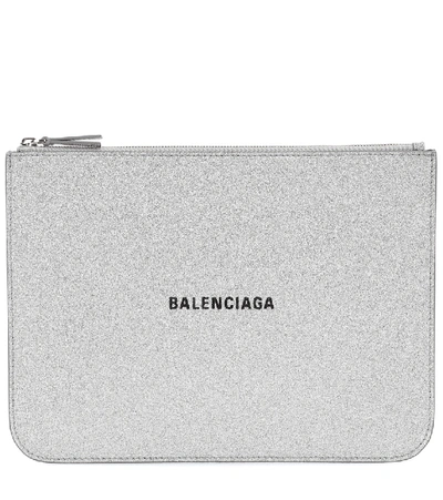 Balenciaga Everyday Pouch Clutch In Silver Leather In Grey
