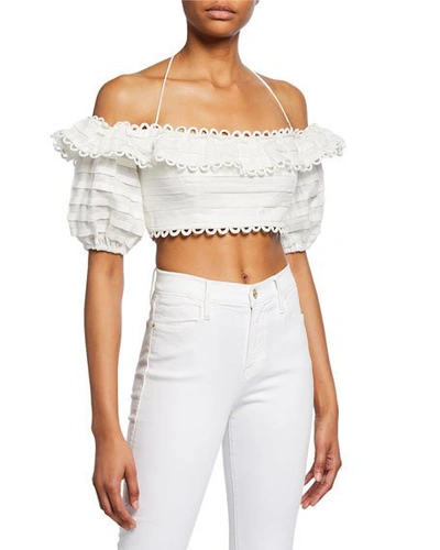 Zimmermann Allia Loop Lace Off-the-shoulder Linen Cropped Top In White