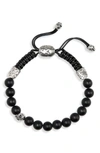 John Varvatos Collection Sterling Silver Skull & Onyx Bead Adjustable Bracelet In Black