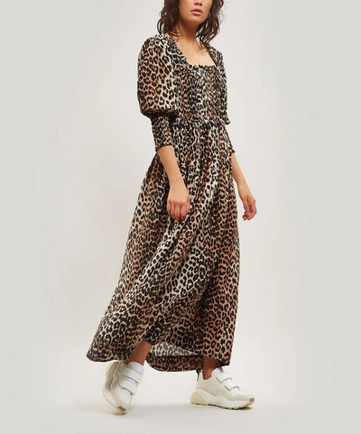 Ganni Shirred Check Maxi-dress In Animal Print