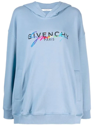 Givenchy Oversized Printed Embroidered Cotton-jersey Hoodie In Light Blue