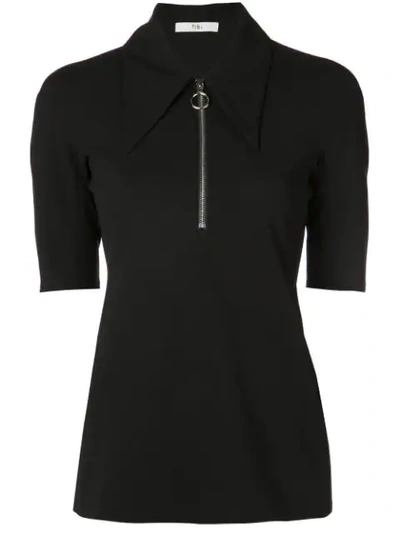 Tibi Short Sleeve Crepe Zip-up Top In Black