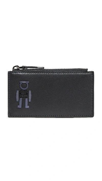 Ferragamo Gancio Robot Zipper Wallet In Black/blue