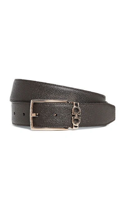 Ferragamo Rose Gold Gancio Reversible Belt In Black/brown