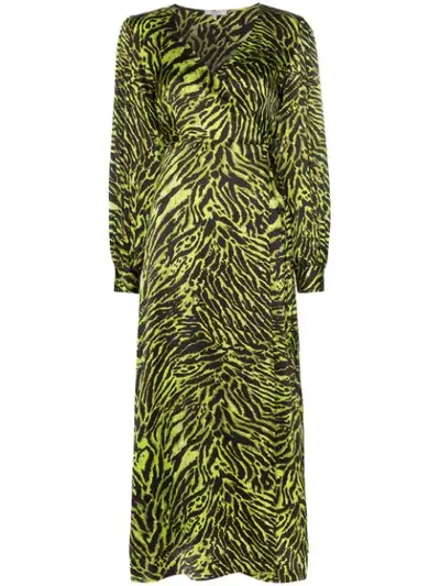 Ganni Silk Stretch Satin Dress In Lime Tiger