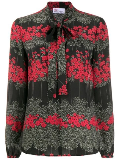 Red Valentino Floral-print Pussy-bow Blouse In Black