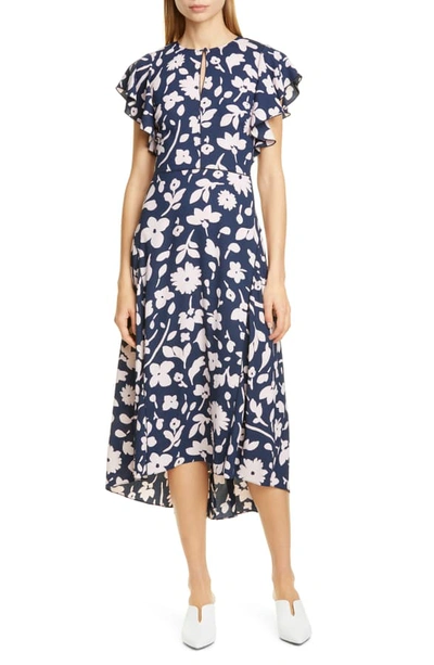 Kate Spade Splash Floral Keyhole Flutter-sleeve Midi Dress In Parisian Navy