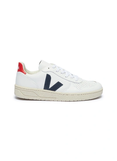 Veja 'v-10' Perforated Leather Sneakers In Extra White / Nautico Pekin