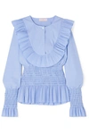 TORY BURCH SMOCKED RUFFLED COTTON BLOUSE
