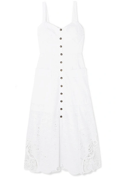 Saloni Fara Crocheted Lace-trimmed Broderie Anglaise Cotton Midi Dress In White