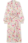 ART DEALER MICHELLE GATHERED FLORAL-PRINT SATIN WRAP DRESS