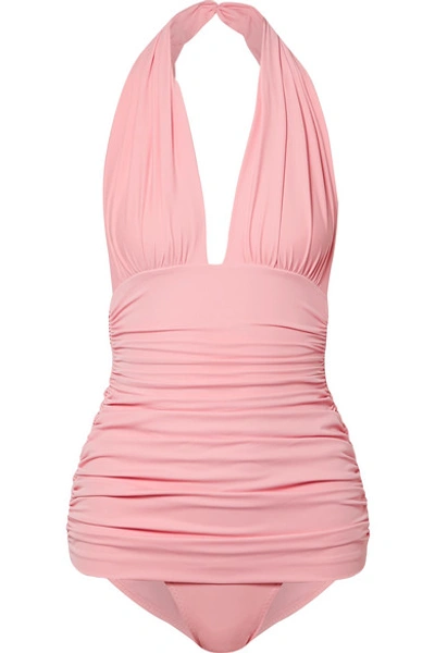 Norma Kamali Bill Ruched Halterneck Swimsuit In Baby Pink