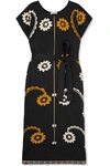 TORY BURCH BELTED EMBROIDERED COTTON MIDI DRESS