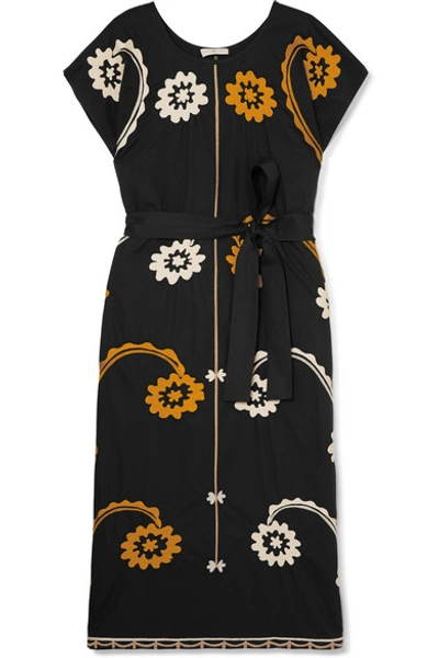 Tory Burch Belted Embroidered Cotton Midi Dress In Black