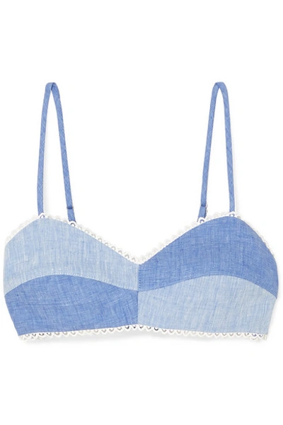 Miguelina Crochet-trimmed Two-tone Linen-chambray Bralette In Azure