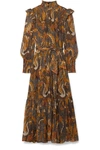 ULLA JOHNSON CONSTANTINE SMOCKED RUFFLED PRINTED COTTON-BLEND MIDI DRESS